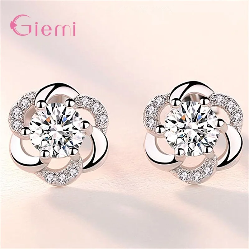 Geometric Flower Clear Cubic Zirconia Stud Earrings For Women Girl Party Fashion 925 Sterling Silver Jewelry Gifts Party Supply