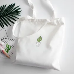 Cute Cactus Print Reusable Shopping Bag Women Canvas Tote Cartoon Printing Eco Shopper Shoulder Bags Foldable Handbag White