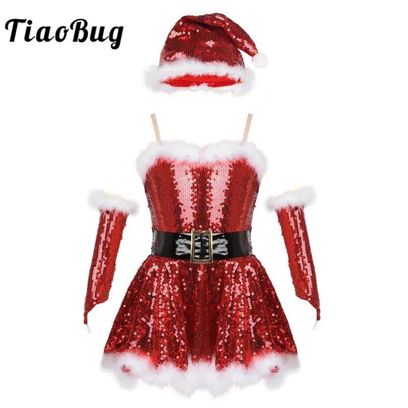 Kids Girls Shiny paillettes Christmas Santa Dress Xmas Elf Party Performance Dance Costume Ballroom Ballet body Dancewear + Hat