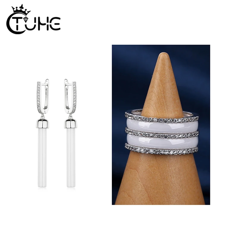 Luxury Crystal Ceramic Ring For Women Long Drop Earring Black White Color Wedding Engament Accessiory Never Scratch Real Ceramic