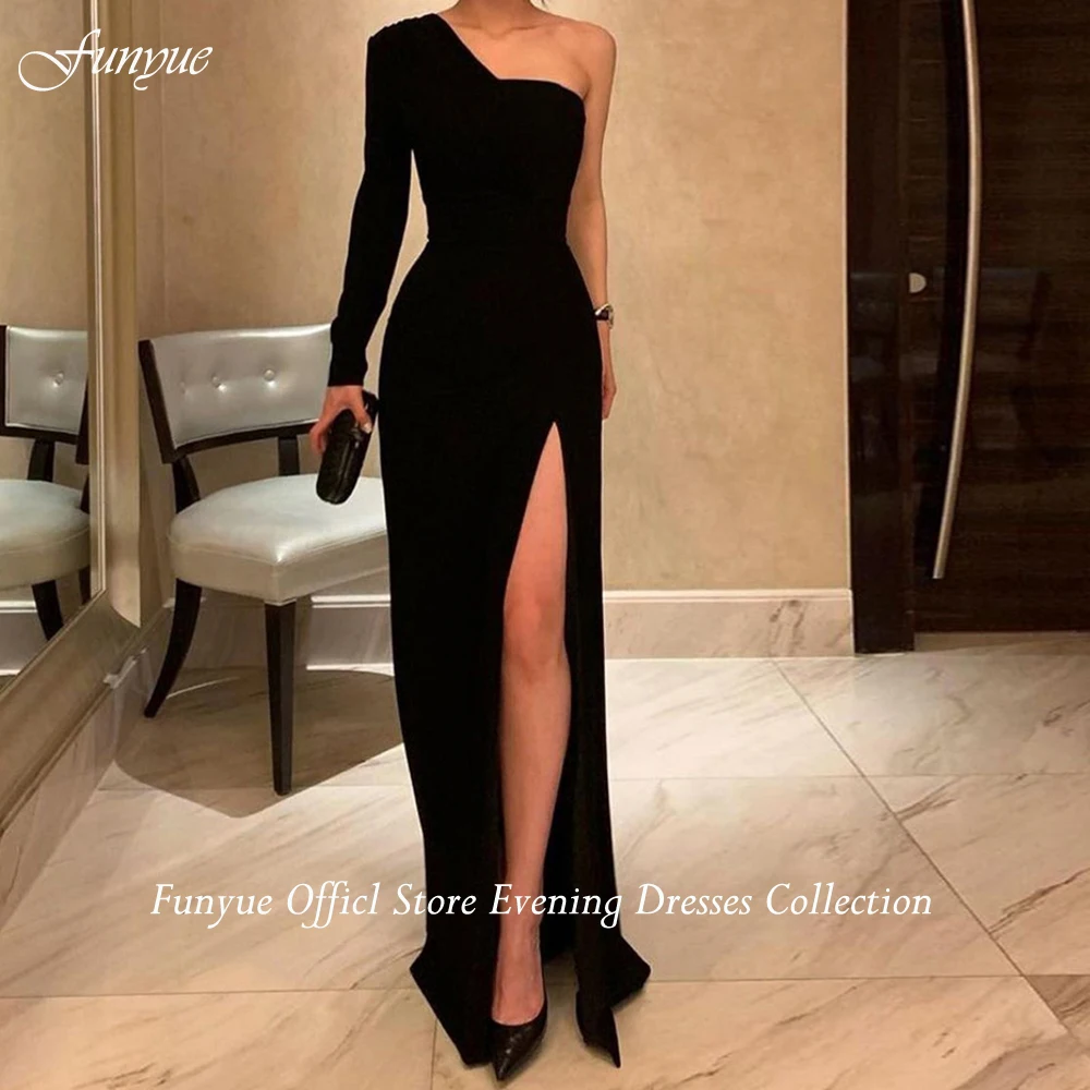 Funyue One Shoulder Evening Gown New Arrival Sexy High Split Mermaid Soft Satin Formal Party Prom Dresses Vestido De Noche