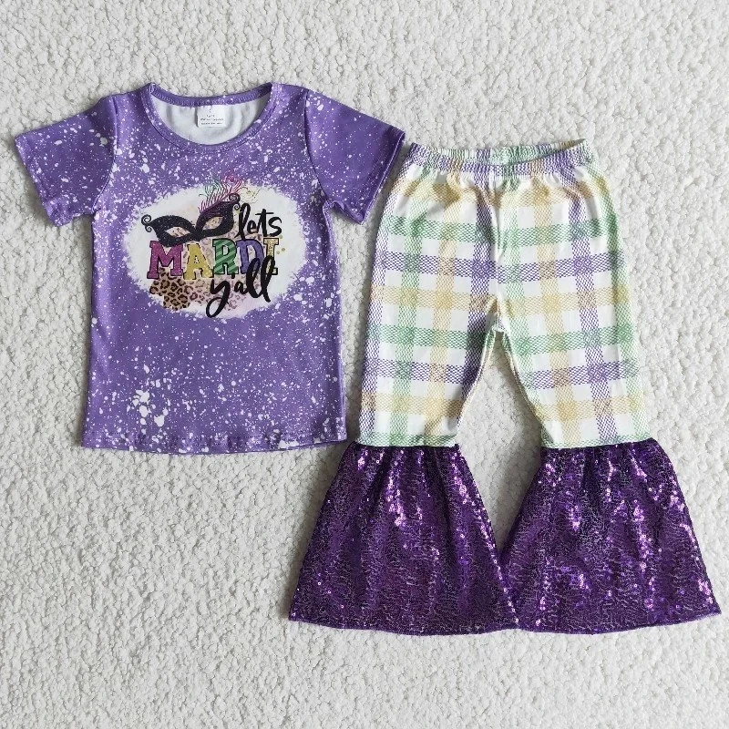 

Wholesale Baby Girls Mardi Gras Kids Purple Tie Dye Clothes Set Toddler Outfit Children Spring Sequins Plaid Bell Bottom Pants