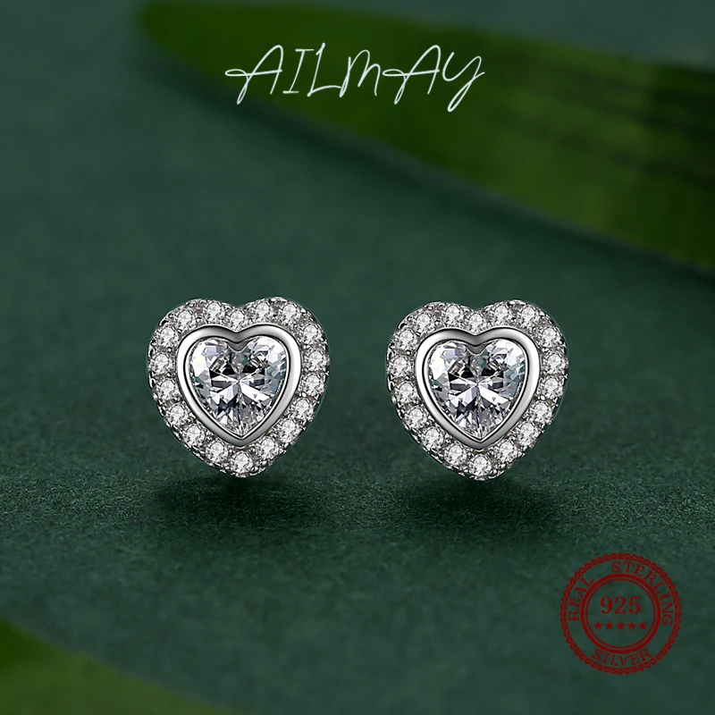 Ailmay 925 Sterling Silver Classic Luxury Love Heart Shape Stud Earrings Clear Zircon for Women Wedding Engagement Jewelry Gift