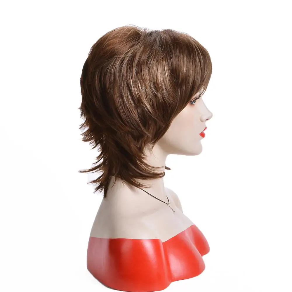 Short Mix Brown Synthetic Wig for White Women Daily with Bangs Systhetic Hair Cosplay Heat Resistant Fibre Natural Curly Wigs