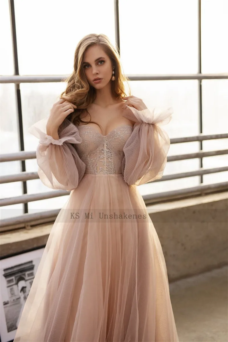 Dusty Pink Boho Wedding Dresses Lace Detachable Puff Sleeve Garden Bride Dress 2021 Beach Wedding Gowns Plus Size Mariage