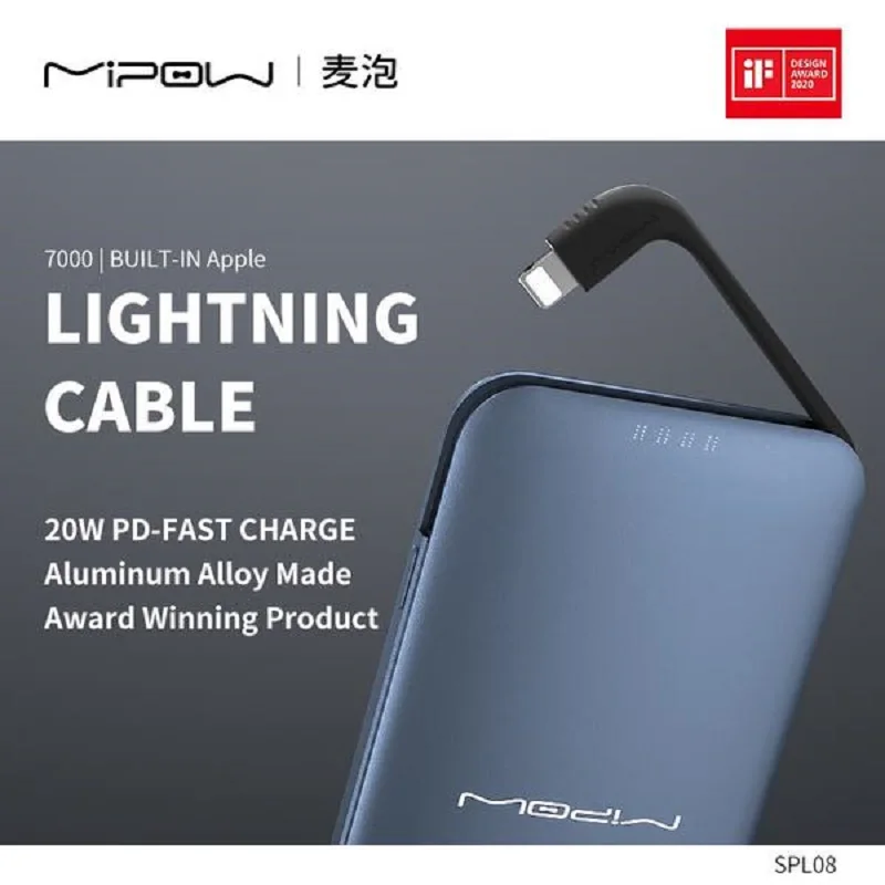 MIPOW Power Bank Built in Cables PD 20W Fast Charging 7000mAh Powerbank For Xiaomi Portable External Battery Charge For iPhone13