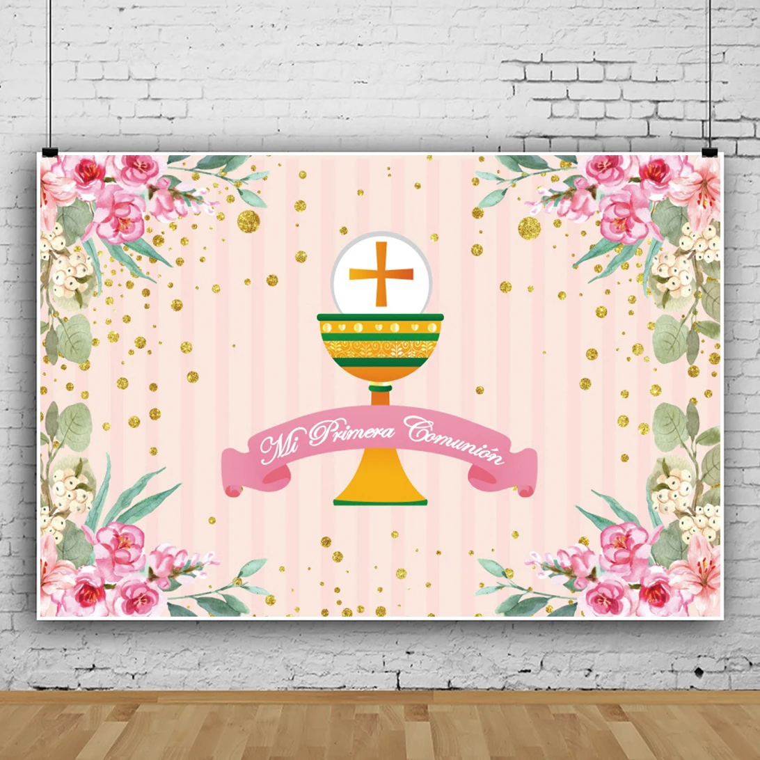 Laeacco Pink Stripe My First Communion Photography Backdrop Girl Flowers Floral Chalice Photo Background Photo Studio Photocall