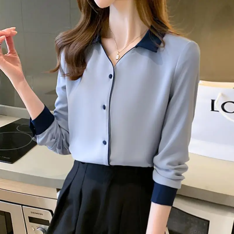 Women\'s Shirt Solid Basic Chiffon Shirts 2023 Spring Autumn New Commuter Work Wear Long Sleeve Lapel Blouse Female Clothing 3XL