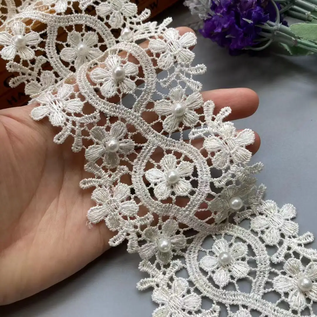 1 Yard Ivory Lace Trim Ribbon Polyester Pearl Flower Embroidered Fabric Handmade DIY Wedding Sewing Supplies Craft Decoration