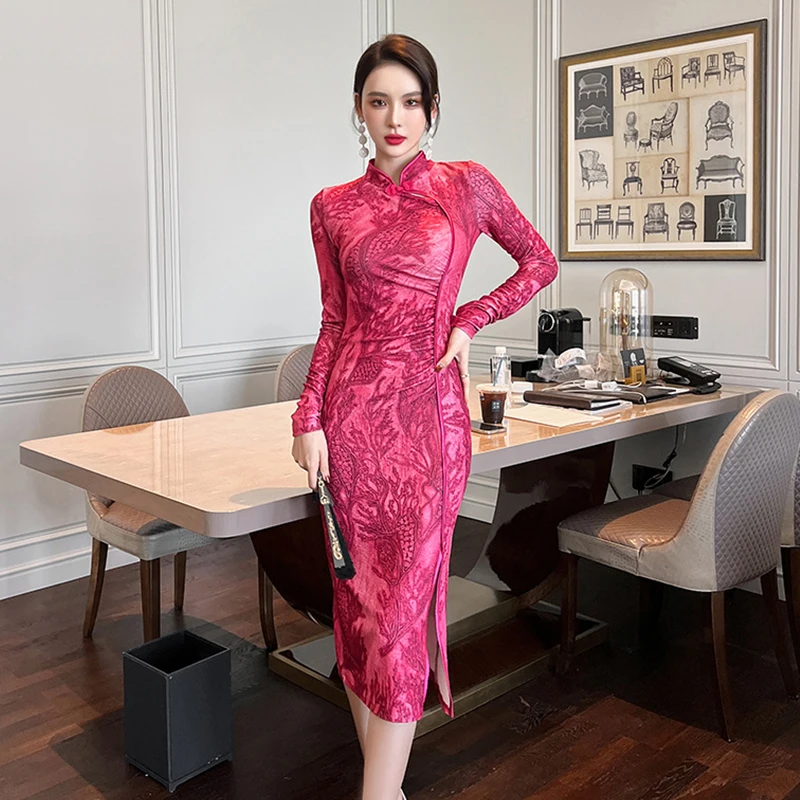 Fashion Chinese Style Women Coffee Break Vintage Midi Party Club Dress Elegant Temperament Sexy Folds Female Dress With Slit