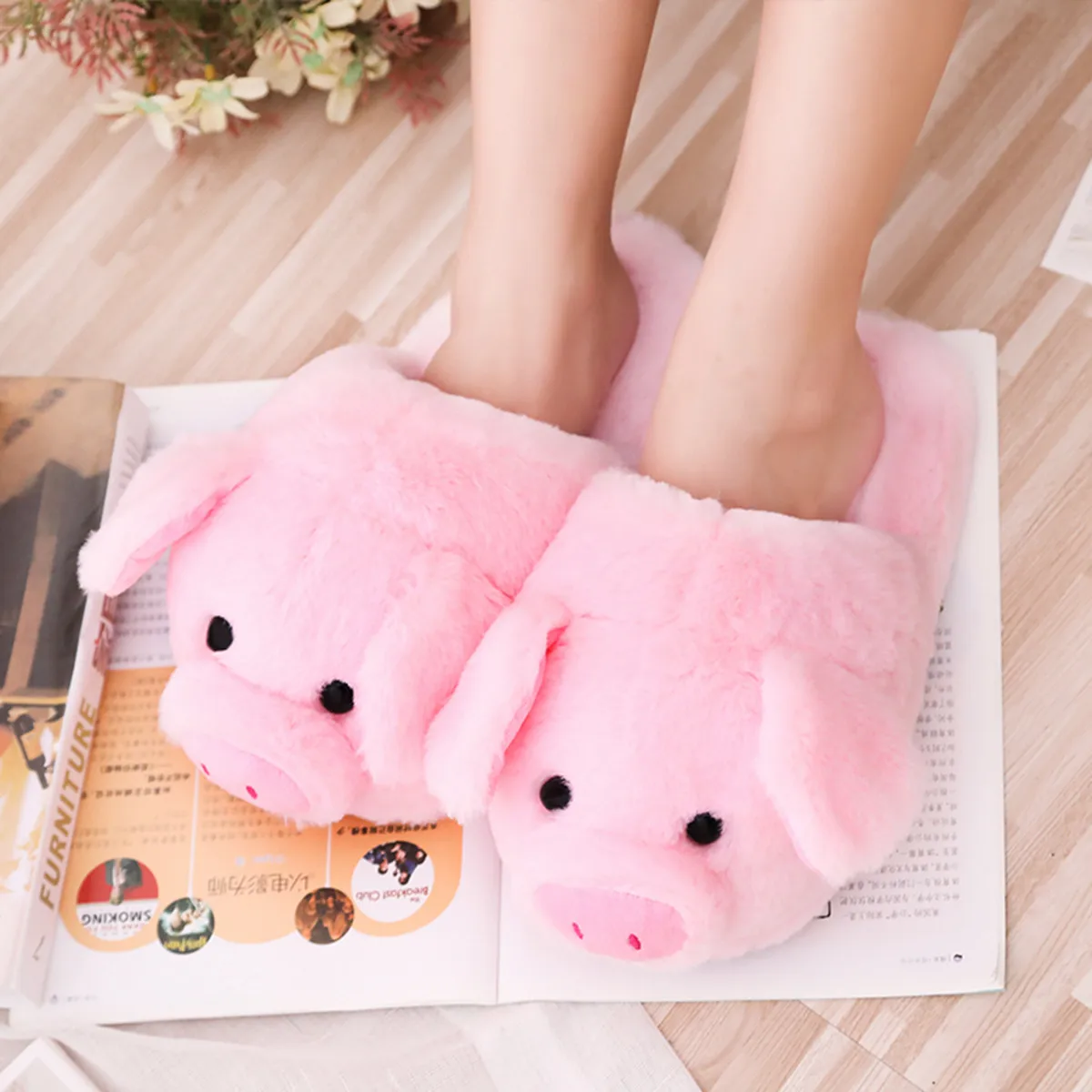 Winter Warm Home Slippers Cute Pink Little Pig Cartoon Design Adult Girl Lady Plush Head Silent Indoor Floor Women House Shoes