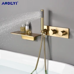 Waterfall Shower Set Brushed Gold Bathtub Faucet Mixer Diverter Valve Bath Mixers Taps Hot and Cold Black Bathroom Showers