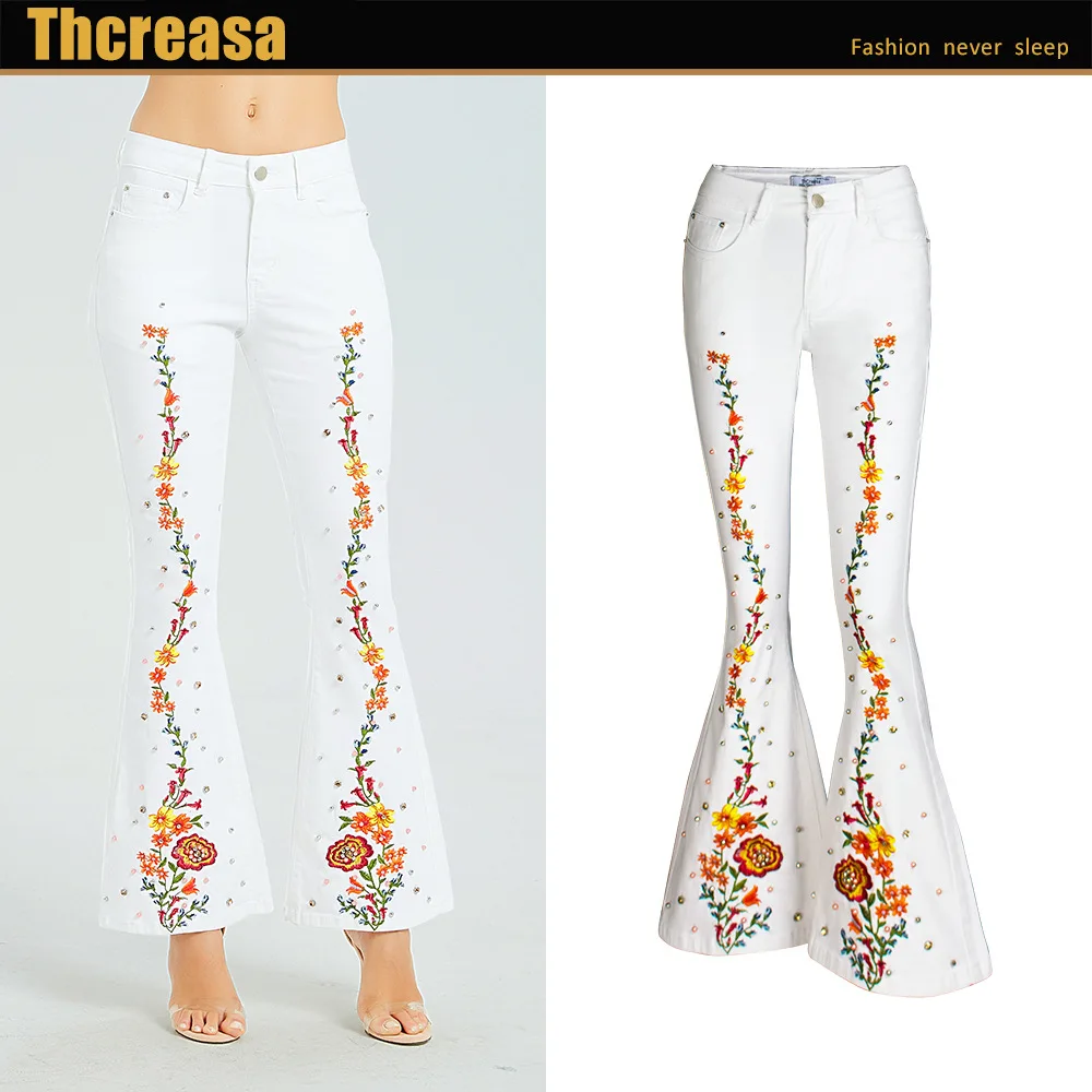 

Hot Selling Women's Pants Embroidery Casual Wide Leg Pants Pure White Flare Women Jeans