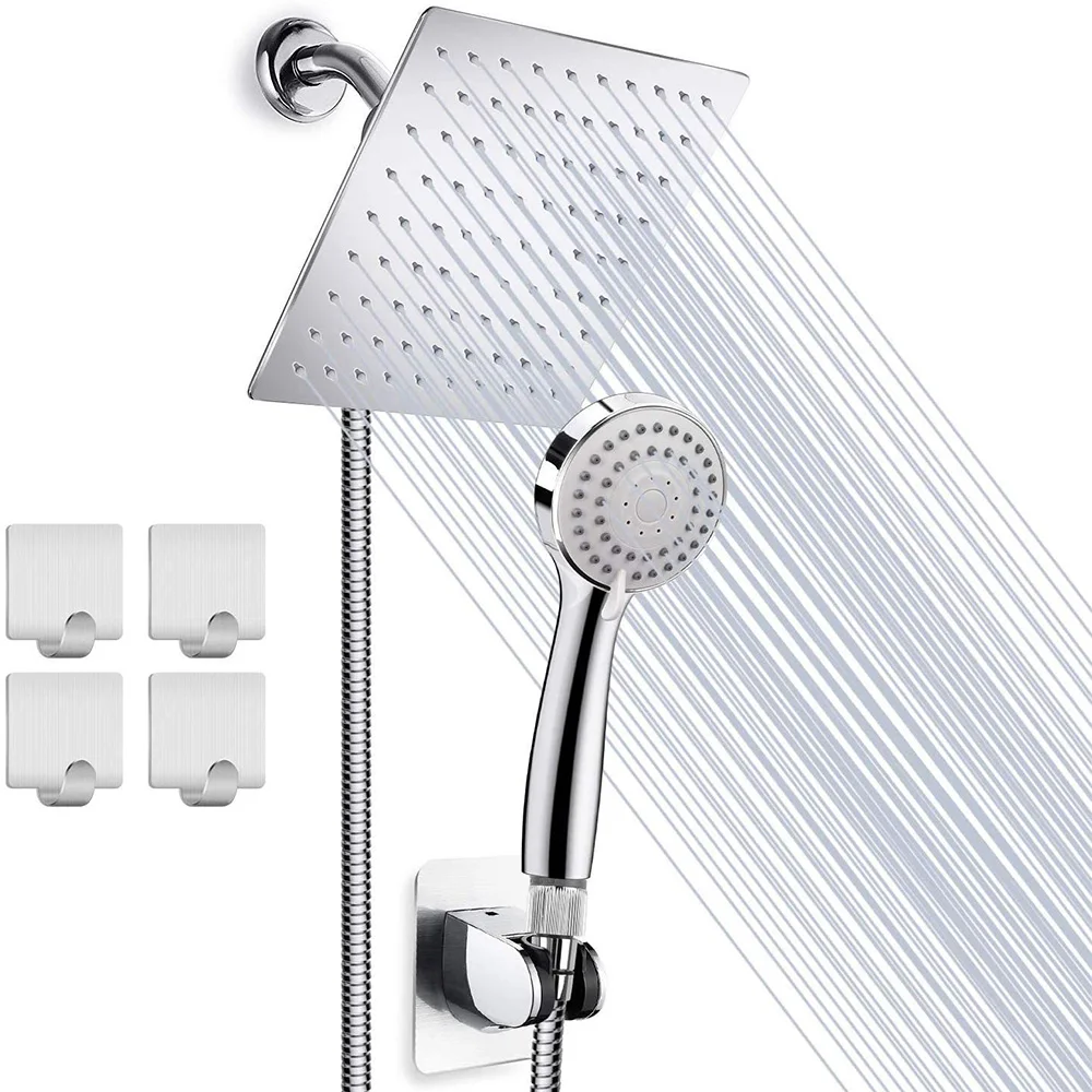 8Inch Shower Head High Pressure Stainless Steel Rain/Hand Showerhead with Hose Leakproof Shower Head Flow Regulator for Bathroom