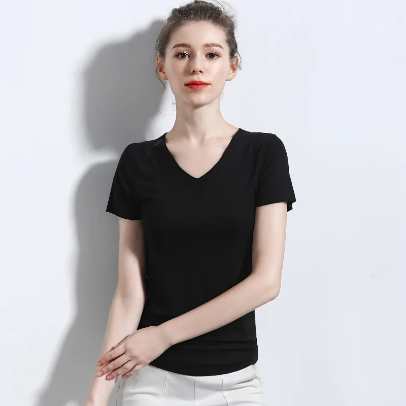 Women Essential T Shirt Basic Short Sleeve V Neck Tops Tees Solid Color Unfinished Viscose Stretch Top