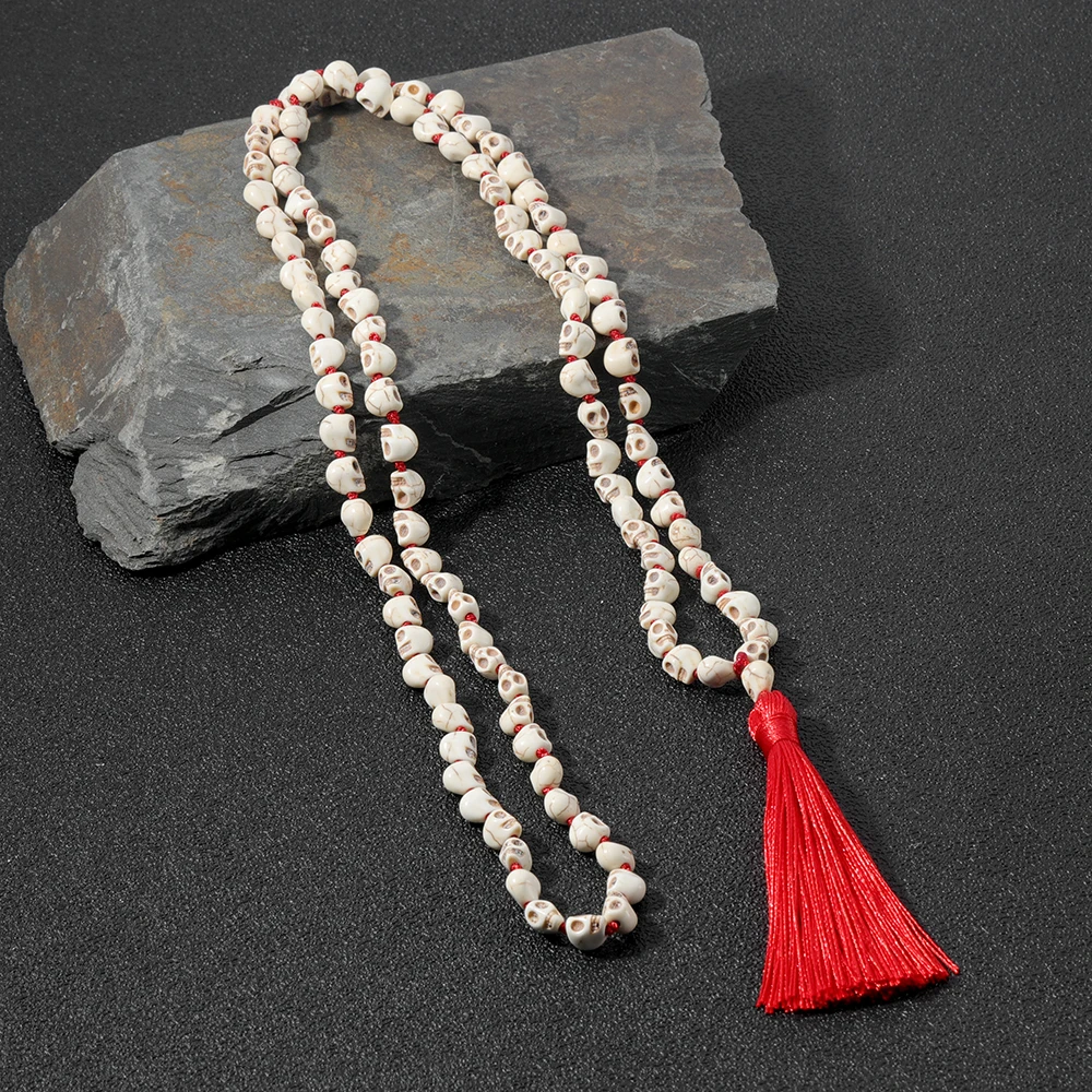 Non-Mainstream Men Sautoir  Hot Lmitation Bone Skull Beaded Handmade Knot 108Mala Necklace Hip Hop Tassel Pendant Jewelry