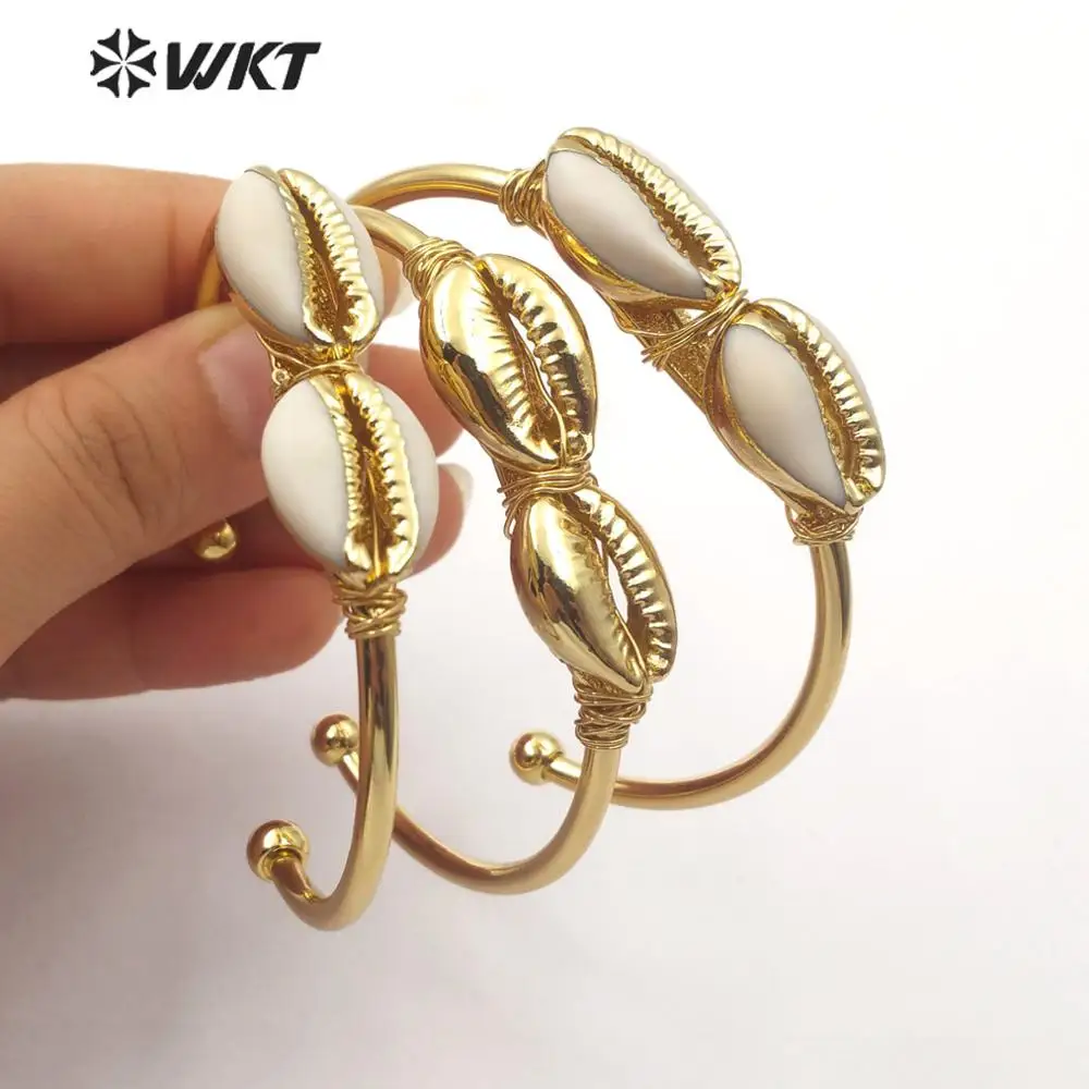 WT-B487 New Arrival Natural Cowrie Shell Cuff Bracelet Full Gold Trim Metal Dipped Handmade  Charm Jewelry