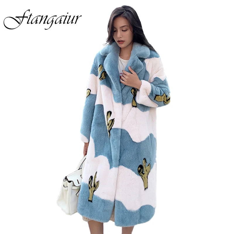 Ftangaiur New Winter Import Purple Velvet Mink Fur Coat Women Contrast Color Print X-Long Slim Natural Real Mink Fur Coats