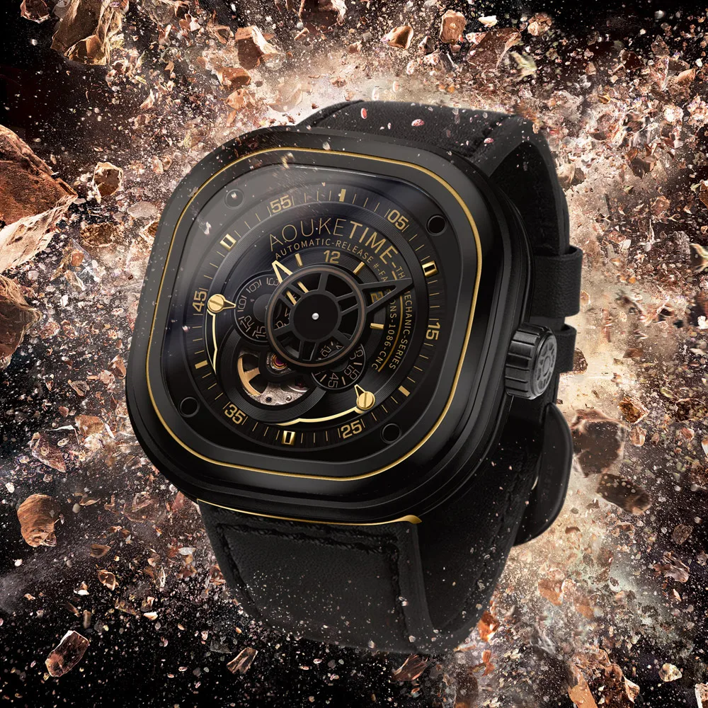 orologio da polso da uomo, orologi automatici da uomo AOUKE orologio da polso meccanico di moda da uomo di lusso cinturino in pelle relogio scheletrato impermeabile