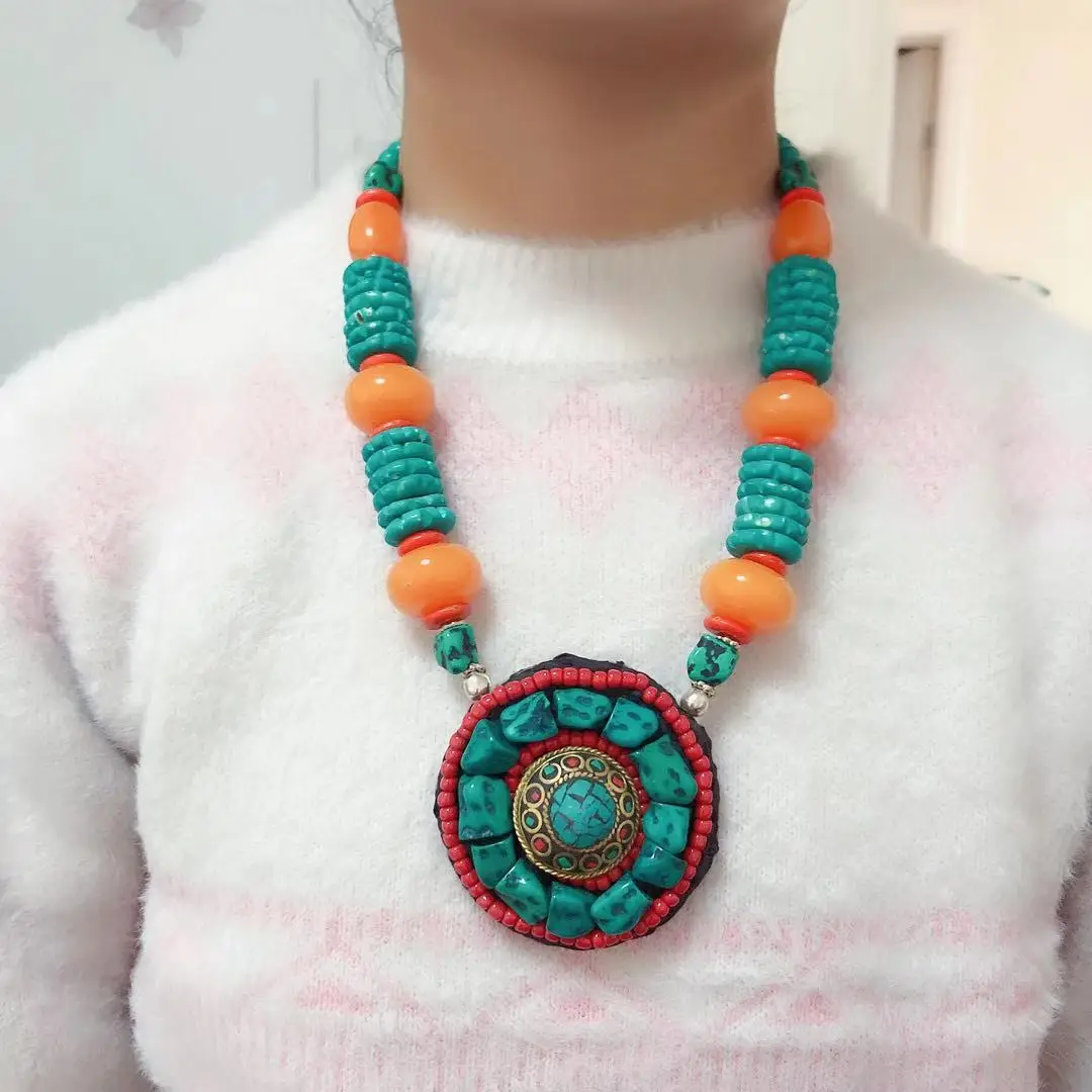 Nk236 Ethnic Tibetan Turquoises Colorful Bone Beads 65mm Round Pendant Necklace For Women