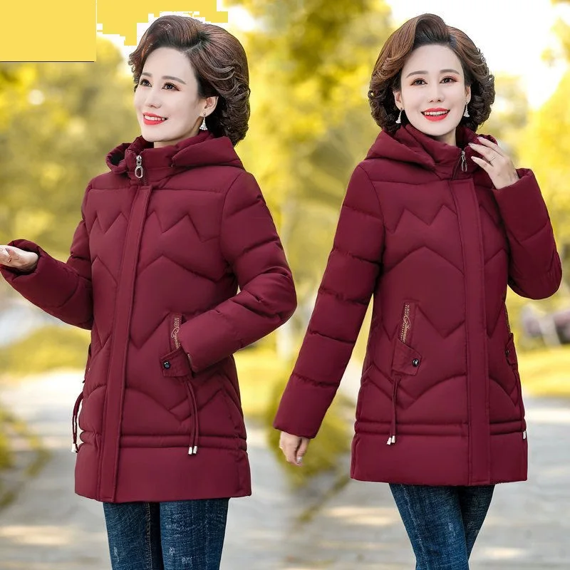 Winter Jacket Middle-aged mother\'s Clothing Hooded Parkas Loose Plus velvet Thick Winter Coat Female Warm Zipper Parka Outwear