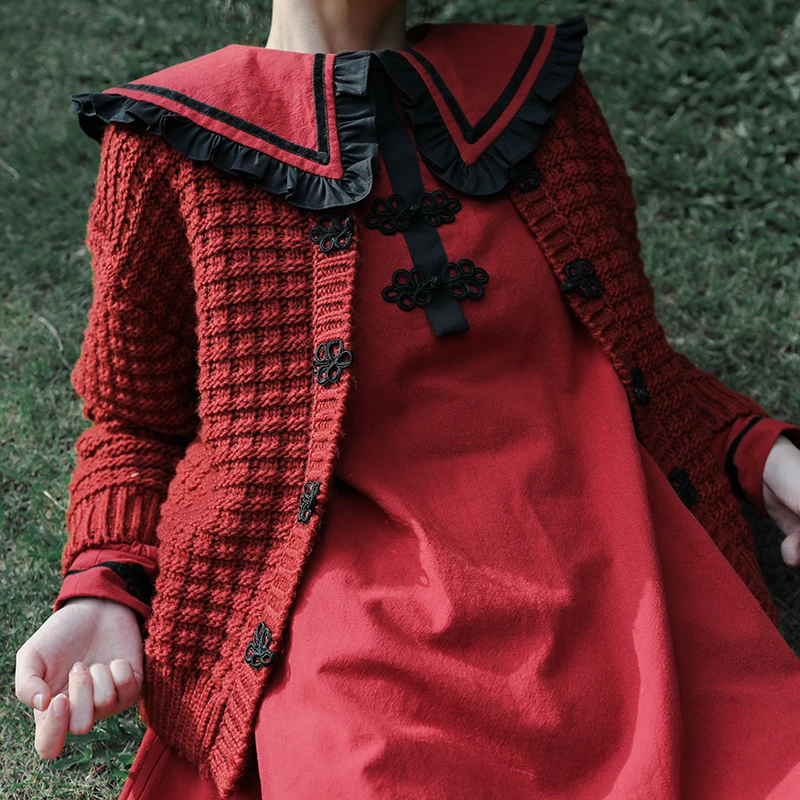 JK Rot Kleid Lose Retro Langarm Herbst Winter hohe taille viktorianischen kleid kawaii mädchen gothic lolita op loli nette mädchen