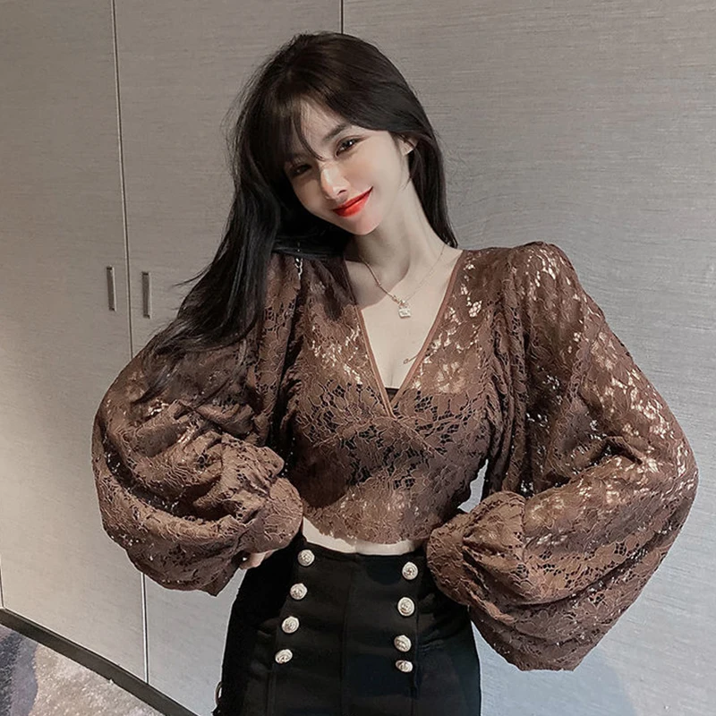 Summer Cross V Neck Women Short Length Blouses Black Khaki Lace Lady Sexy Hollow Out Blouse Full Lantern Sleeve Backless Top