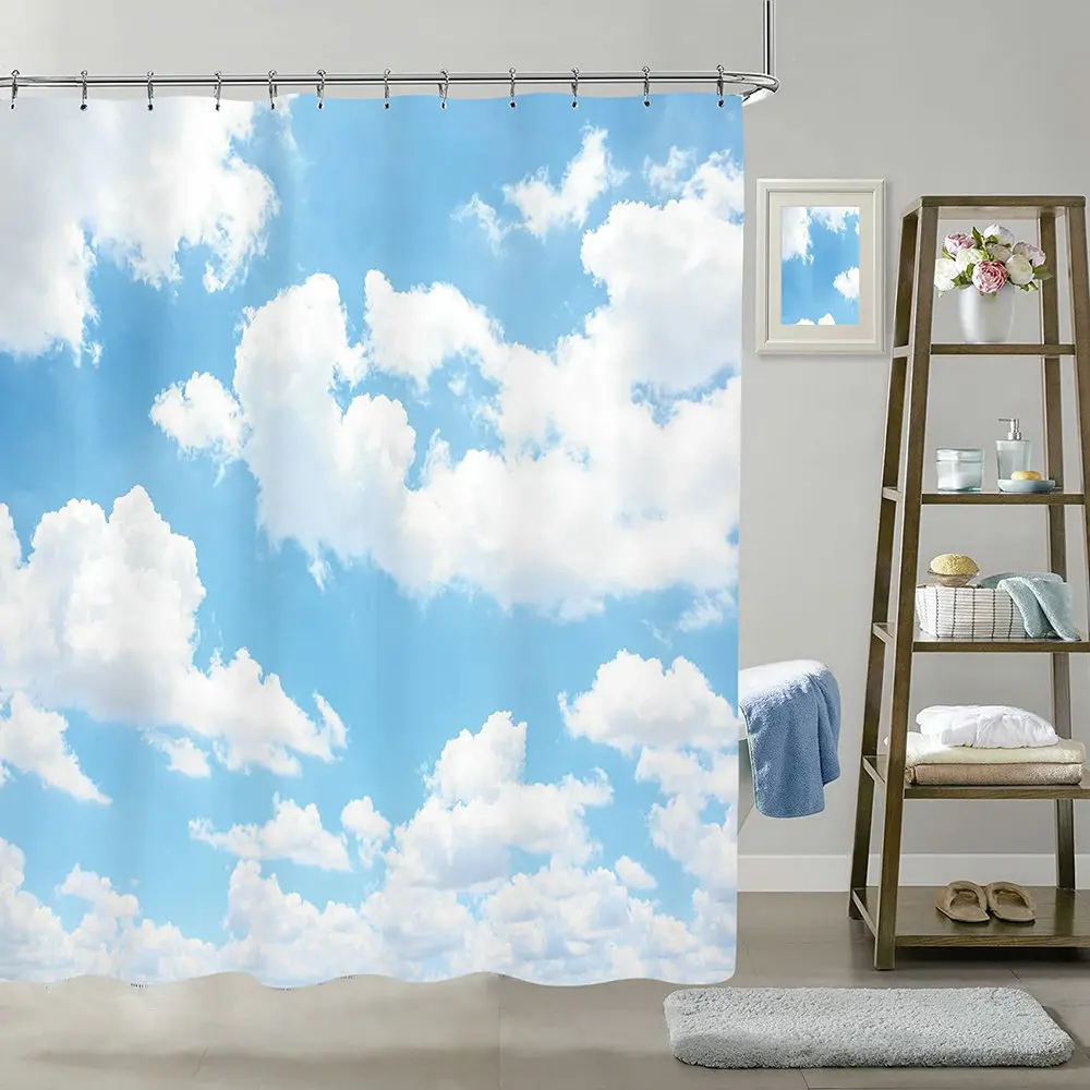 

Blue Sky Backdrop Cloud Shower Curtain Nature Landscape Scenery Waterproof Fabric Polyester Bathroom Bathtub Decor With Hooks