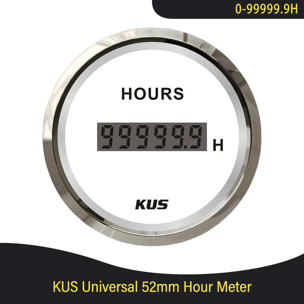 New KUS 52mm Digital Hour Meter 9-32VDC LCD Hourmeter Waterproof Time Gauge for Auto Boat with Red/Yellow Available Backlight