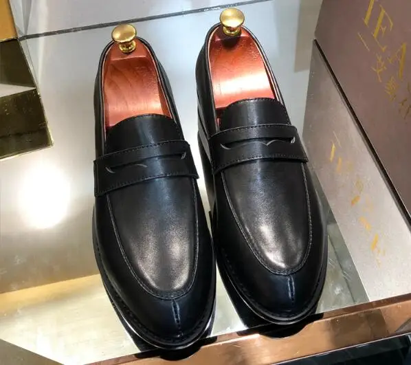 British Style Black Cow Leather Round Toe Slip On Loafers Man Low Top Flat Business Dress Shoes Size 37-45 Drop Shipping Male