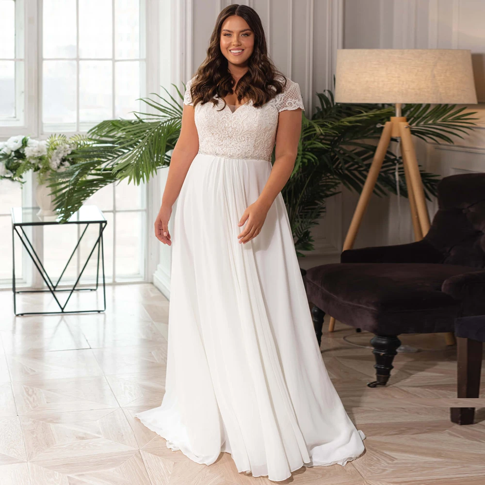 

Elegant Chiffon Plus Size Wedding Dress V-neck Short Sleeves Beaded Bridal Gown with Lace-up Back Robe de Mariage