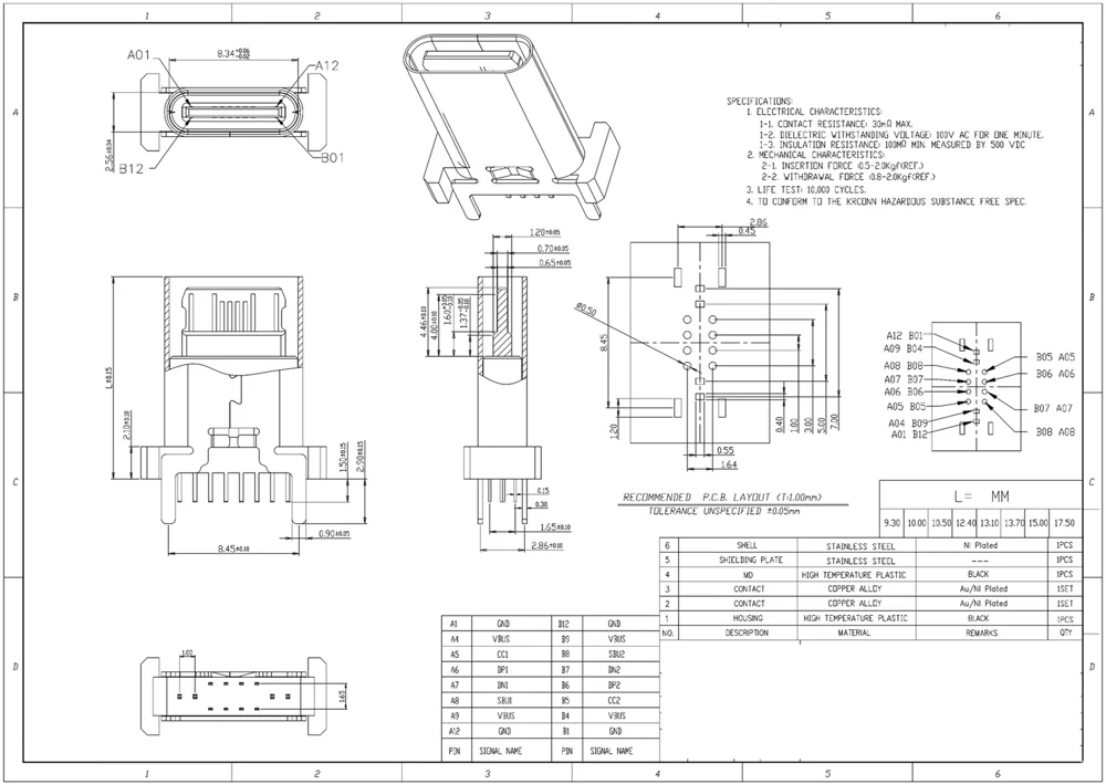 15pcs/lot Mini USB Type C 16-Pin Female Socket Vertical / Horizontal  Jack Connector For Charging tail plug
