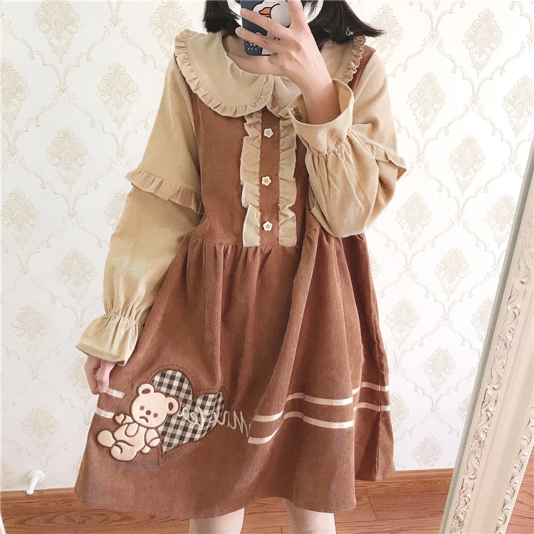 Lolita – robe japonaise douce pour filles sœurs, rétro ours brodé, mignon, col de poupée, manches longues, taille haute, style victorien, kawaii