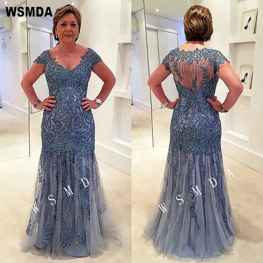 Vestidos de encaje para madre de la novia, vestido de fiesta de boda, cuello en v, ilusión en la espalda, vestidos de noche formales