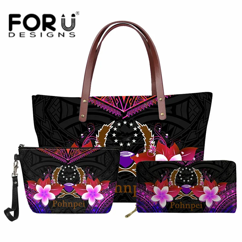

Fashion Women Handbag Set Pohnpei Tribal with Polynesian Plumeria Print Shoulder Purse Summer Large Capacity Beach Bag for Lady