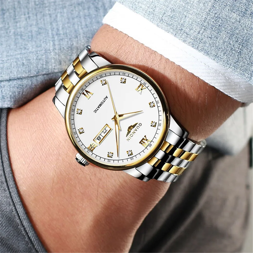 

GUANQIN мужские роскошные механические деловые сапфировые наручные часы светящиеся из нержавеющей стали автоматические наручные часы с автоподзаводом мужские часы