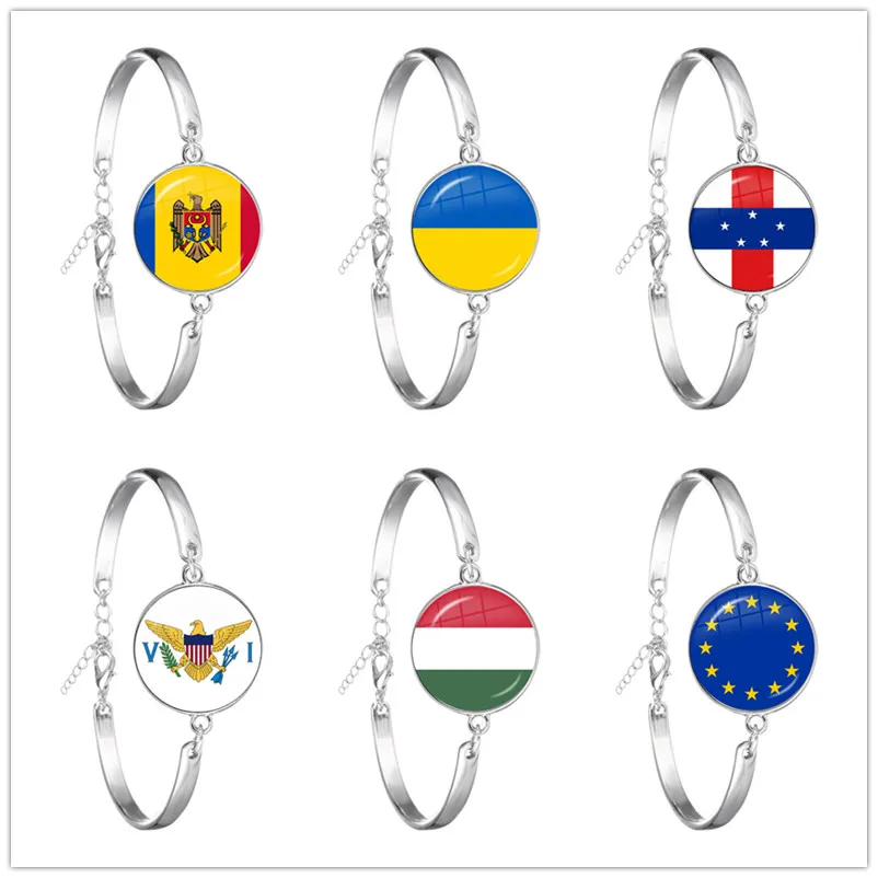 Antilles,European Union,Ukraine,Hungary,Moldova,United States Virgin Islands National Flag Bangle Glass Cabochon Chain Bracelet