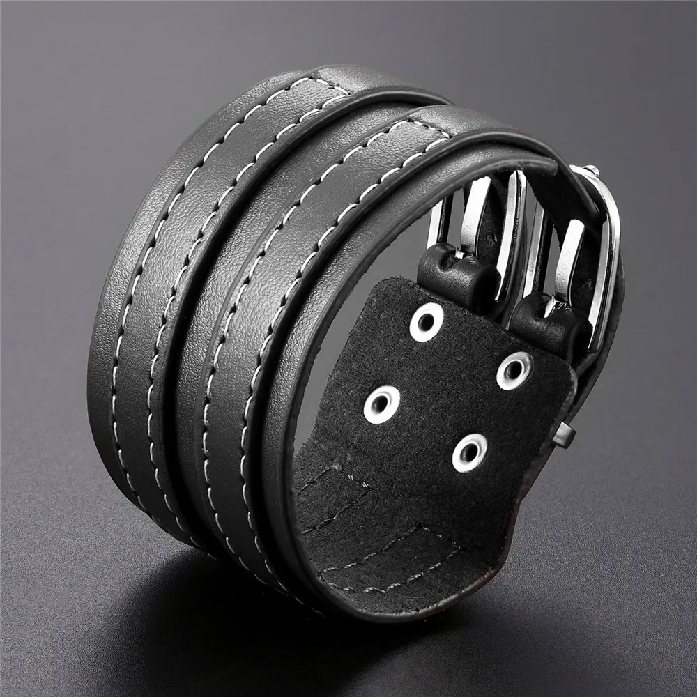 New Fashion Men's Casual Leather Bracelet Cuff Double Wide Black Brown Bracelet Retro Fashion Wild Ladies Bracelet Pulseira