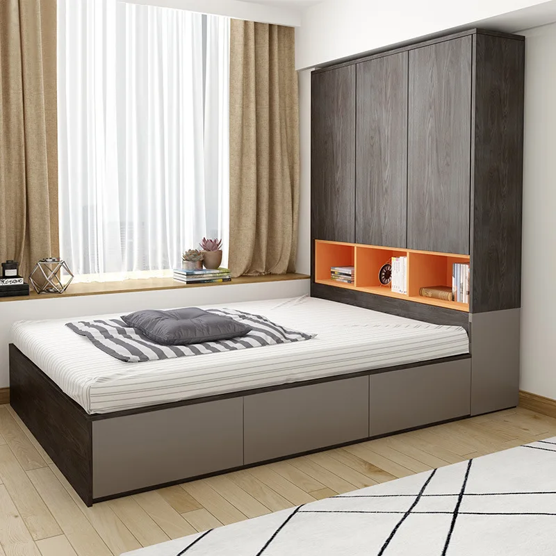 Nordic modern minimalist double bed 1.2 meters 1.5 meters tatami bed plate wardrobe bed high box storage bed with closet