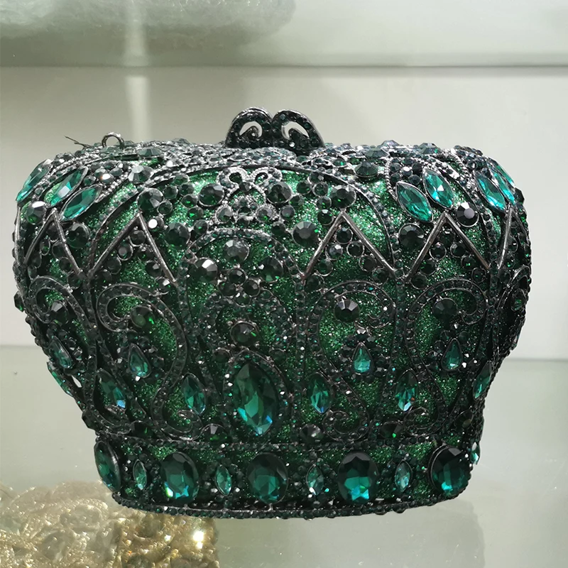 

New Green Color Rhinestone Diamond Lady Clutch Crown Shape Phone Party Prom Purses Fashion Women’s Crystal Shoulder Handbags