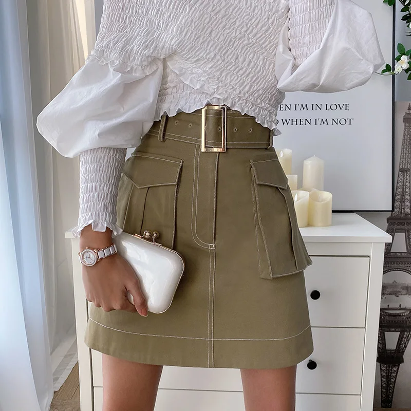 

Dabuwawa Ladies Buckle Belted Solid Skirt Streetwear Women High Waist Big Pocket A-line Mini Skirt Safari Style Female DO1ASK005