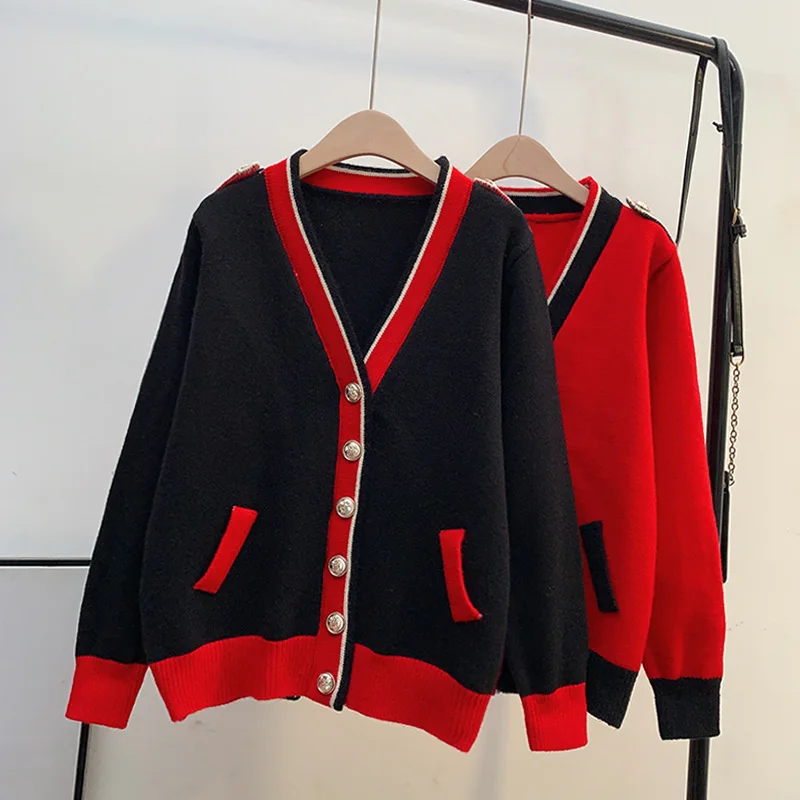 

Red cardigan sweater jacket women South Korea 2022 autumn and winter new style foreign loose outer wear lazy knit top