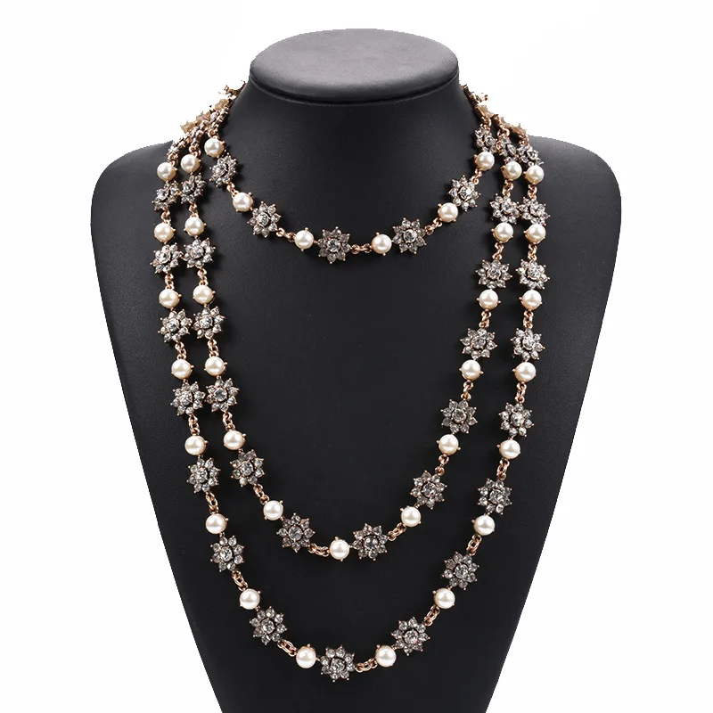 Vintage Gold Color Layered Chain Simulated Pearl Statement Necklace Long Crystal Pendant Necklaces Elegant Wedding Jewelry