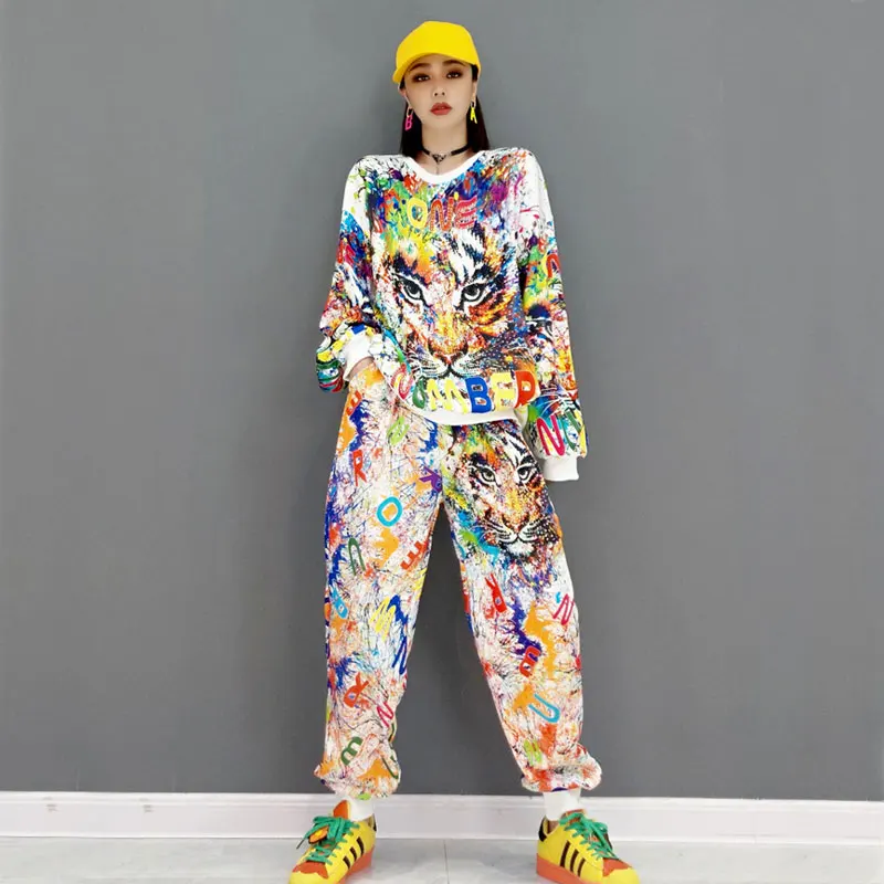 Spring and Autumn Cartoon Graffiti Tiger Tracksuit Women Two Piece Sets,Super Cool Printing Sweatshirt and Pants