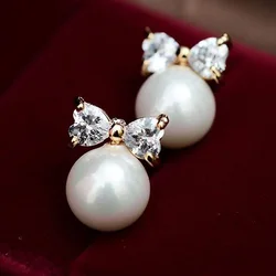 Huitan Simple Fashion Imitation Pearl Stud Earrings Gold Color Bow Aesthetic Jewelry Hot Sale Earring for Women Drop Ship