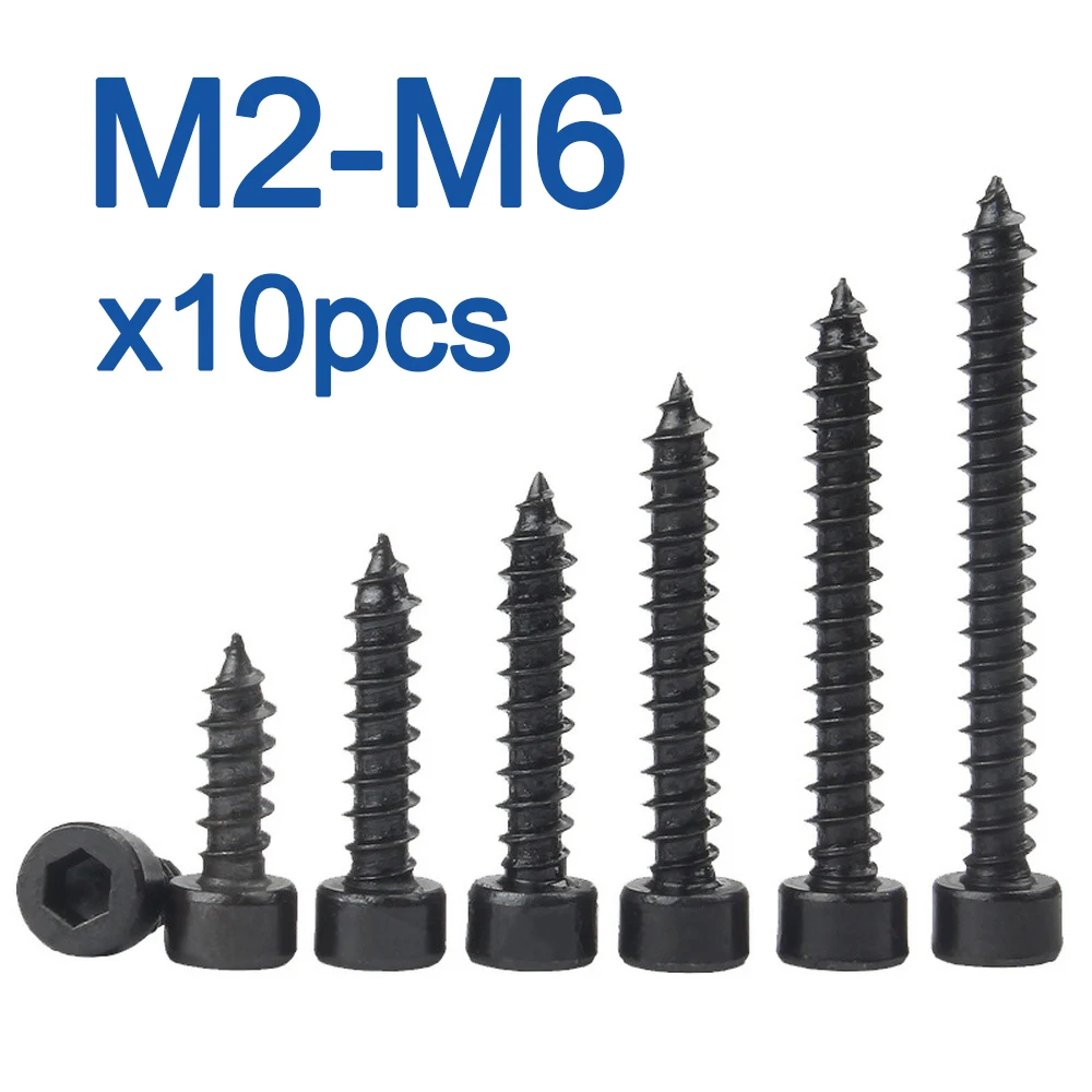 10pcs/lot  M2 M2.6 M3 M3.5 M4 M5 M6 Hex Hexagon Socket Cap Head Self Tapping Screw 8.8 Grade Black Carbon Steel Allen Head Screw