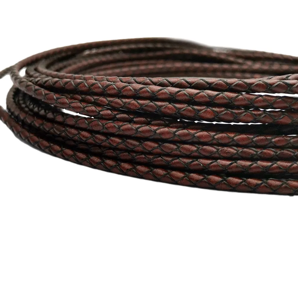 Aaazee 4mm Round Antique Red Brown Braided Leather Strap Bonded Real Cord for Bracelet  Bolo Tie