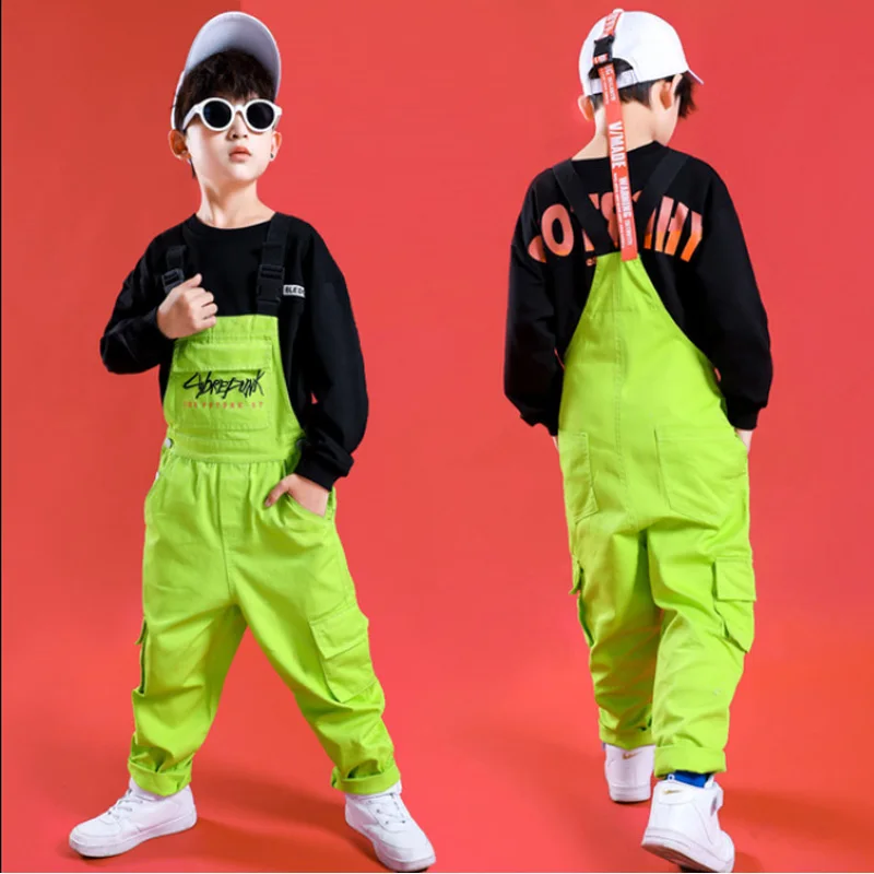 Ropa de Hip Hop para niños y niñas, Sudadera negra, Tops, pantalones de babero sueltos, disfraces de baile de Jazz, ropa de baile de salón