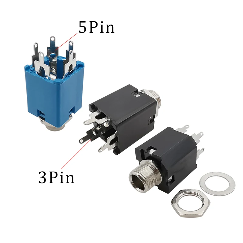 1/2/5Pcs 6.35mm 3 Pin 5 Pin Audio Socket Plug Connector 1/4 inch Guitar Headphone Jack PJ-612A 3P 5P Black Blue