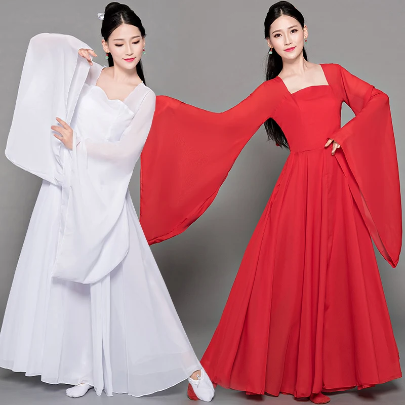 Elegant Classical Dance Ancient Costume Wide Sleeve Chiffon Dress Fairy Chinese Ethnic Folk Hanfu Adult Women Stage Performance